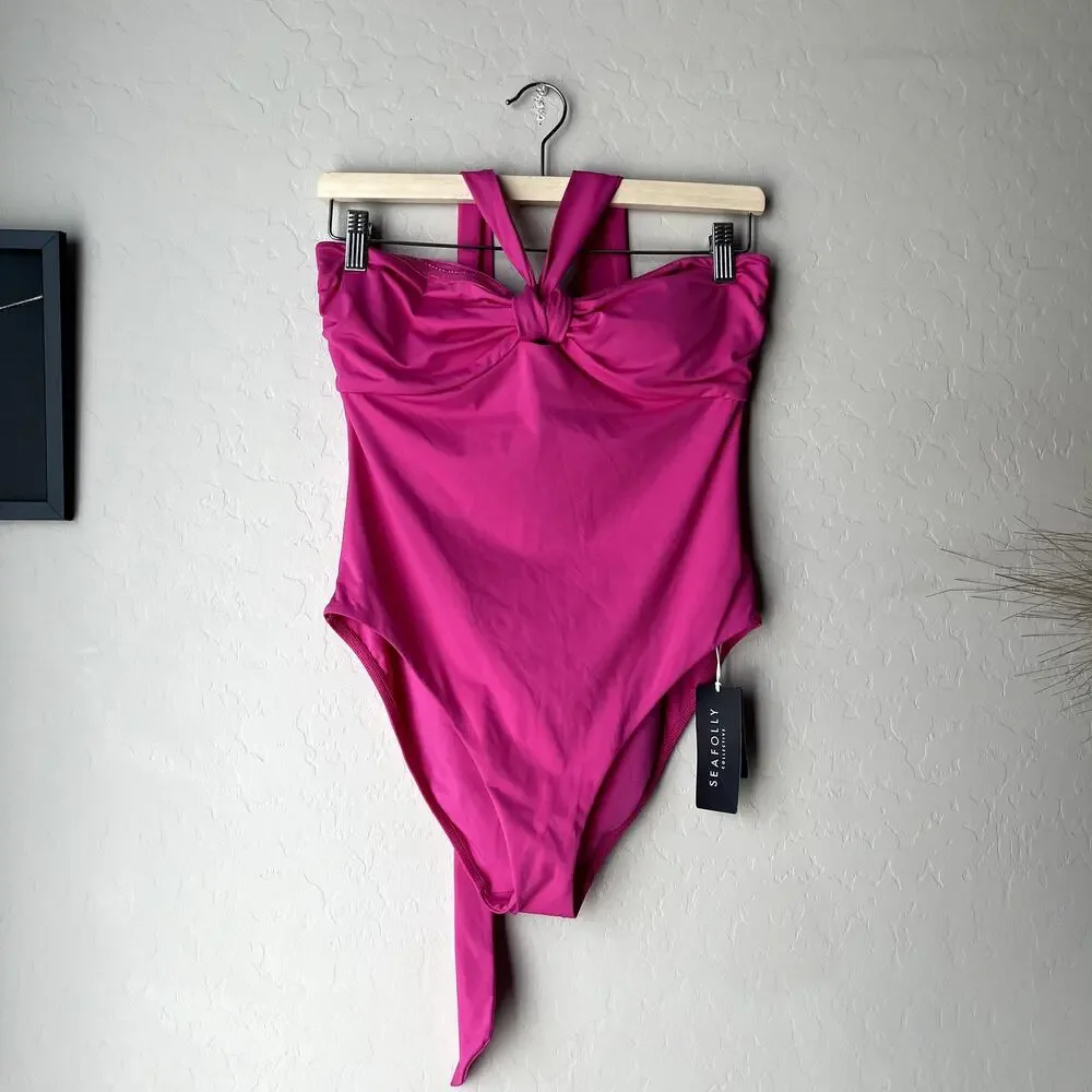 NEW Seafolly Collective Hot Pink Halter Bandeau One Piece‎ Swimsuit Size 10